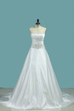 Satin Wedding Dress Strapless A Line With Beads And Ruffles Chapel Train