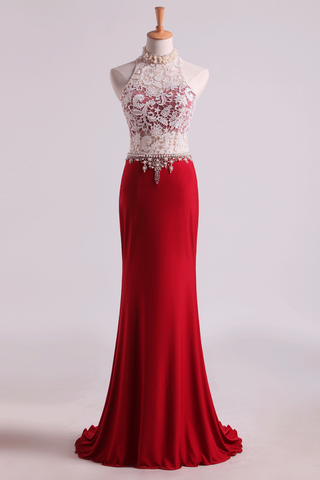 Hot High Neck Prom Dresses Sheath Lace & Spandex Sweep Train