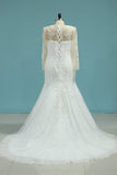 Scoop Wedding Dresses Mermaid Long Sleeves Tulle With Beading