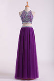 Halter Two Pieces A Line Prom Dresses Beaded Bodice Tulle Floor Length