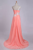 One Shoulder Pleated Bodice With Beaded Applique Court Train Evening Dresses