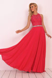 Open Back Scoop A Line Prom Dresses With Beading Chiffon