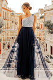 Flowy One Shoulder Navy Blue Tulle Long Prom Dresses, Cheap Formal Dresses SJS15232