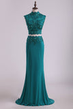 Two Pieces High Neck Sheath Prom Dresses With Applique And Beads