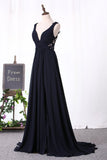 A Line Prom Dresses V Neck Chiffon With Applique And Slit