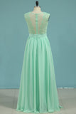 New Arrival Scoop A Line Prom Dresses Chiffon & Lace Sweep Train