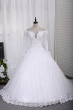 New Wedding Dress A-Line Scoop Long Sleeves Tulle Court Train With Applique