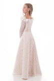 Lace Flower Girl Dresses A Line Boat Neck Long Sleeves With Beads