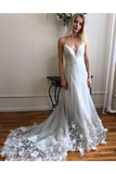 Unique Spaghetti Strap Long Cheap Tulle Prom/Wedding Dresses With Applique