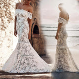 Elegant Off the Shoulder Ivory Lace Mermaid Beach Wedding Dress, Cheap Bridal Dress SJS15188