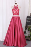 New Prom Dresses A-Line Scoop Floor-Length Lace And Satin With Side Pockets