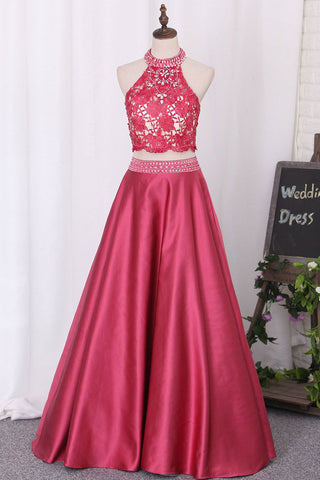 New Prom Dresses A-Line Scoop Floor-Length Lace And Satin With Side Pockets