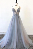 Spaghetti Straps V Neck Tulle Prom Dress With Appliques, A Line Long Formal Dress With Beads