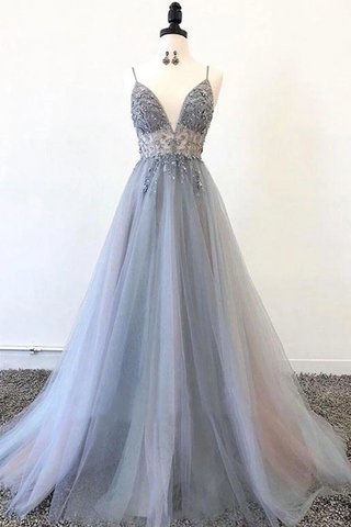 Spaghetti Straps V Neck Tulle Prom Dress With Appliques, A Line Long Formal Dress With Beads