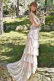 Spaghetti Tired Lace Vintage Wedding Dress with Sweep Train, Round Neck Bridal Dresses SJS15425