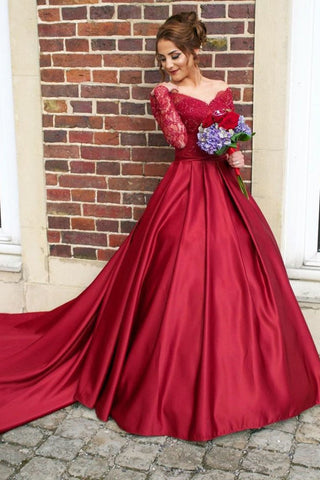 A Line Scoop Prom Dresses Long Sleeves Satin With Applique Court Train