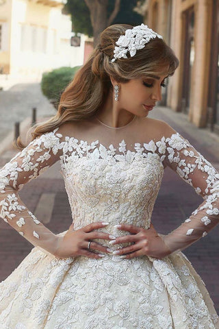 Gorgeous Beautiful Modest Lace Ball Gown Long Sleeves Wedding Dresses