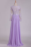 Scoop Long Sleeves Prom Dresses With Applique And Beads A Line Chiffon