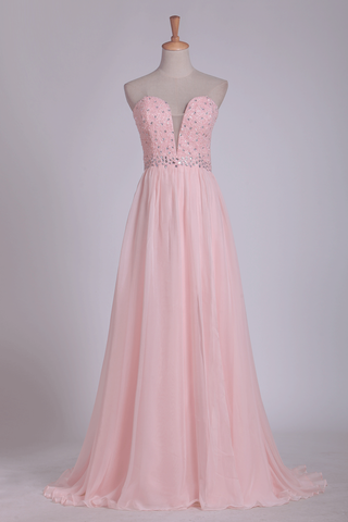 Chiffon Sweetheart Beaded Bodice Prom Dresses A Line With Slit