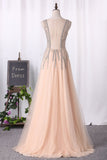 Prom Dresses Scoop Open Back A Line Tulle With Beads And Slit