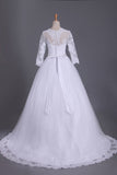 3/4 Length Sleeve Bateau Wedding Dresses Tulle With Applique Court Train