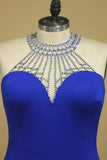 Dark Royal Blue Prom Dresses Sheath Scoop With Beading Sweep Train