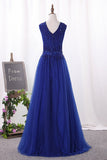 A Line Scoop Tulle With Beading Prom Dresses Floor Length