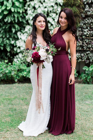 Charming Burgundy A-Line Halter Backless Maroon Chiffon Bridesmaid Dress with Sash JS16