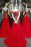 Sister Red Prom Dresses A-Line Lace Up Scoop Neck Gold Appliques