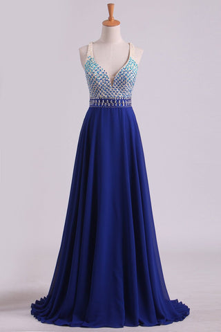 Prom Dresses V Neck Beaded Bodice A Line Open Back Dark Royal Blue Chiffon & Tulle