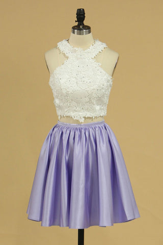 Two-Piece A Line Homecoming Dresses With Applique Satin Scoop