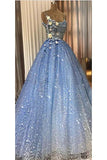 A-line Blue Spaghetti Straps Sweetheart Long Prom Dresses, Evening Dresses SJS15048