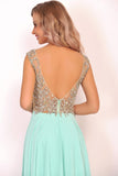 Open Back V Neck Beaded Bodice Prom Dresses A Line Chiffon Floor Length