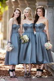 Bridesmaid Dresses A Line Sweetheart Satin Tea-Length Zipper Up