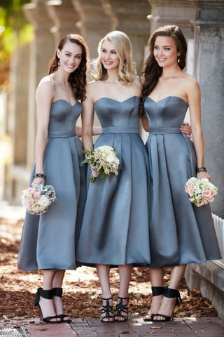 Bridesmaid Dresses A Line Sweetheart Satin Tea-Length Zipper Up