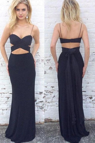 Simple Spaghetti Straps Long Sheath Black Prom Dresses Sexy Party Dresses