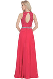 Open Back Scoop A Line Prom Dresses With Beading Chiffon