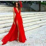 Sexy Slit Evening Dress V-neckline Red Split Slit Sexy Red Formal Dress Prom Dresses JS709