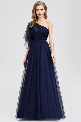 Simple A Line One Shoulder Navy Blue Tulle Prom Dresses Cheap Formal Dresses SJS15382