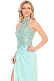 Prom Dresses Halter Chiffon With Applique And Slit Sheath