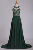 Scoop Chiffon With Applique And Beads Prom Dresses A Line Sweep Train