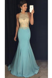 Scoop Beaded Bodice Mermaid Prom Dresses Satin Sweep Train