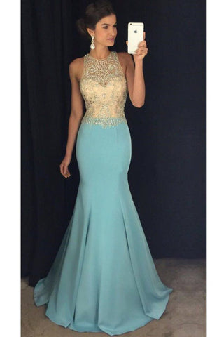 Scoop Beaded Bodice Mermaid Prom Dresses Satin Sweep Train