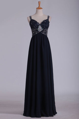 A Line Spaghetti Straps Chiffon Prom Dresses With Applique And Beads