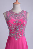 Scoop A-Line Chiffon&Tulle Floor-Length Prom Dresses With Beads Color Fuchsia