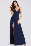 Sexy V Neck Long Spaghetti Straps Mermaid Navy Blue Prom Dresses with High Split SJS15366