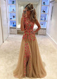 Unique Champagne Tulle Applique Long with Slit Sleeveless Floor Length Prom Dresses JS773