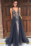 Elegant Mermaid V-Neck Sweep Train Grey Tulle Detachable Prom Dress with Beading JS652