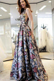 A-Line V-Neck Sweep Train Multi Color Printed Flower Sleeveless Backless Prom Dresses JS277