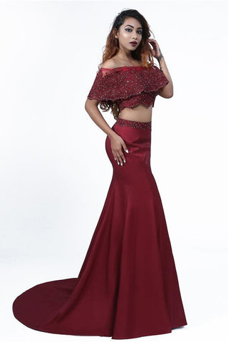 Elegant Mermaid Off the Shoulder Two Pieces Beades Burgundy Prom SJS20416